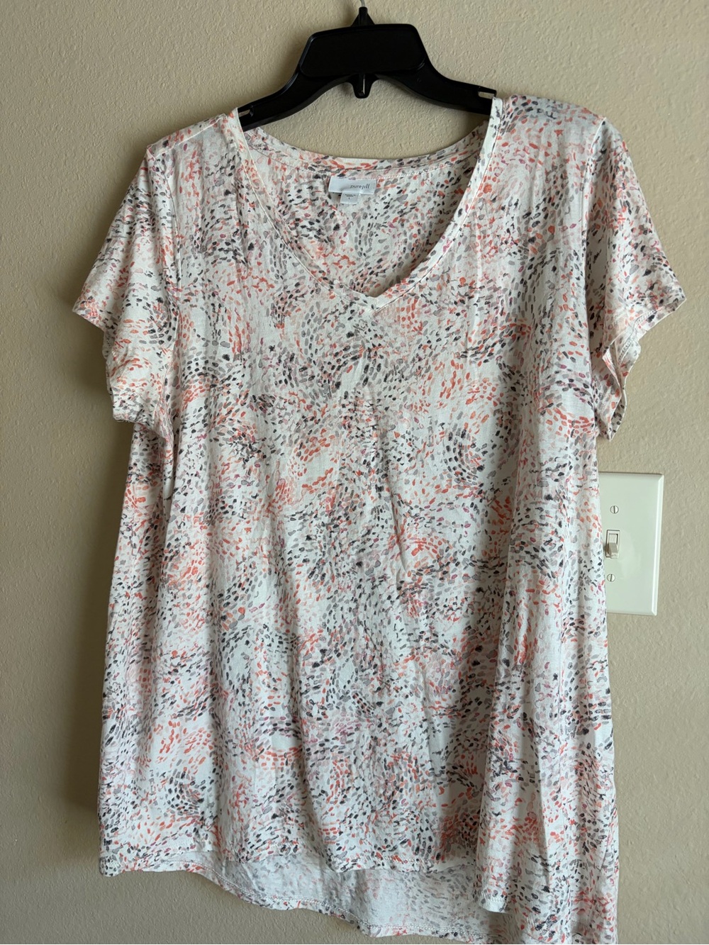 Pure Jill Women's V-Neck Short Sleeve Blouse in Cream with Coral and Gray Print.